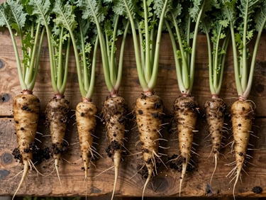 Overhead flatlay of freshly harvested vegetables arranged on rough wooden boards in soft morning light, soil still visible on roots, earthy tones, no people, honest and direct composition