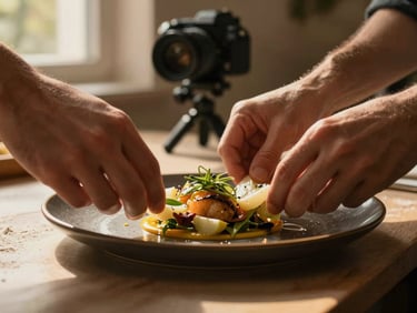 Extreme close-up of hands arranging a plated dish on a dark ceramic plate, a camera on a small tripod just visible in the background, warm golden-hour light from a nearby window, flour dust faintly visible on the counter edge, intimate and unposed