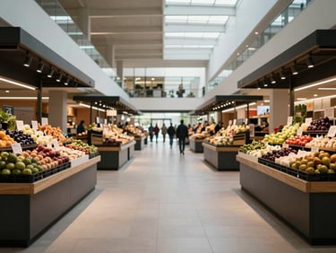 Wide shot of a modern food market hall in natural daylight, stalls with artisan produce in the distance, clean minimal architecture, empty aisles, calm before opening, warm ambient light