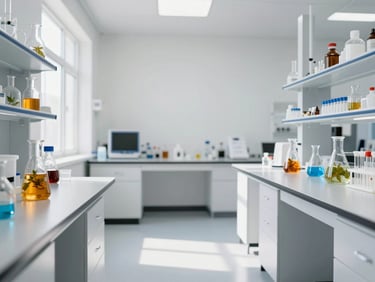 Wide-angle minimalist laboratory interior, sunlit clean white benches, glass beakers with botanical extracts, soft natural daylight, 35mm lens.