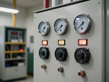 Close-up of a pump station control panel with digital flow meters and status indicators lit, institutional lighting, wide shot showing equipment racks in background