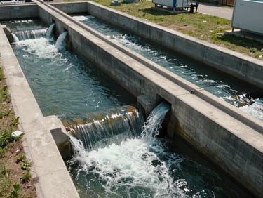 Overhead shot of a stormwater management facility with overflow channels, water rushing through concrete culverts, daylight, wide framing showing system capacity in context