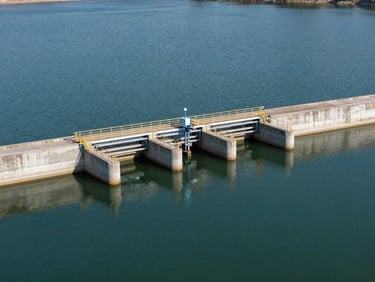 Wide environmental shot of a water treatment plant intake structure on a reservoir at critically low water level, daylight, concrete infrastructure visible above the waterline, no people