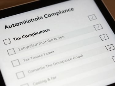 Close-up macro shot of a tablet screen displaying automated tax filing compliance checkmarks, clean lighting.
