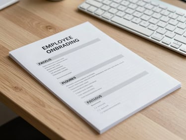 A structured employee onboarding packet resting on a clean wooden desk next to a modern keyboard, natural daylight.