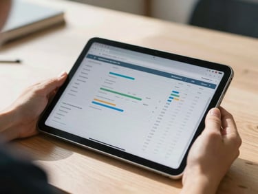 Close-up of a business owner reviewing a clean financial dashboard on a tablet in a sunlit Thomasville workshop, natural daylight, sharp focus on the screen.