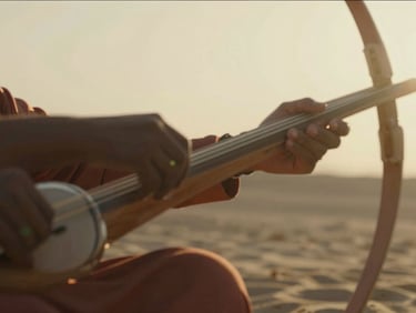 Intimate close-up of a bow gliding across dilruba strings, warm golden light, soft lens flare, cinematic 35mm aesthetic