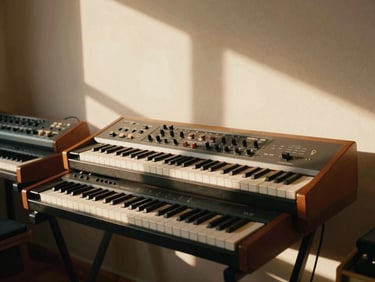 Warm sun-drenched home studio with vintage analog synthesizers, natural daylight pouring in, peaceful and minimalist atmosphere