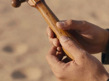 Extreme close-up of a hand gently plucking a wooden rabab, warm sun-drenched lighting, soft focus background, organic wood textures