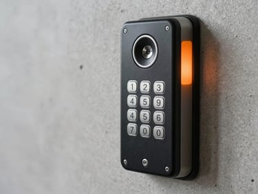 Close-up of a high-security electronic keyless entry keypad mounted on a clean concrete wall, safety-orange accent indicator lit.