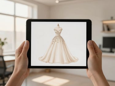 Elegant hands holding a tablet displaying a bridal gown design, with a discreet background of a modern office, soft lighting, 85mm