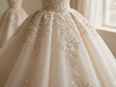 Close-up of intricate lace embroidery on a classic princess wedding gown, soft diffused daylight, warm ivory tones, shallow depth of field, 85mm