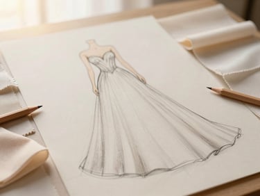 Sketch of an elegant bridal gown on a design board, surrounded by fabric swatches and fine pencils, soft diffused light, warm tones, 85mm