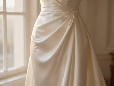 Heavy drape of lustrous satin evening dress fabric, subtle golden-hour highlights, deep champagne tones, shallow depth of field, 85mm