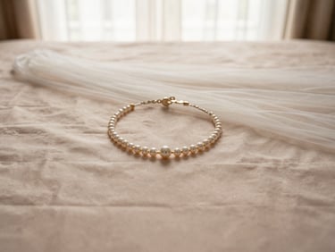 Flat-lay arrangement of a cathedral-length veil and delicate pearl wedding headpiece on a silk surface, soft diffused light, ivory and blush tones