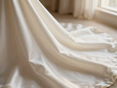 Close-up of a hand running over luxurious ivory satin fabric, emphasizing its luster and smooth texture, soft golden light, shallow depth of field, 85mm