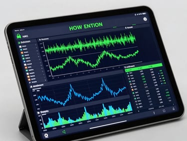 A dark tablet displaying a highly detailed real-time emission tracking dashboard, clean UI with neon green and blue charts, technical sans-serif typography, sharp studio lighting, metallic frame