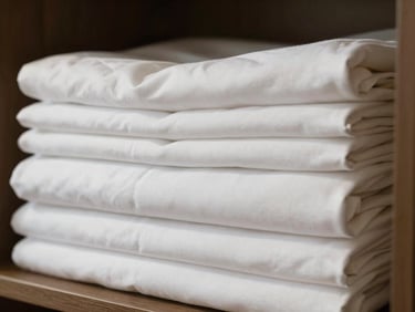 Close-up of neatly folded white hotel bed linens stacked in precise layers on a shelf, crisp daylight, fabric texture visible