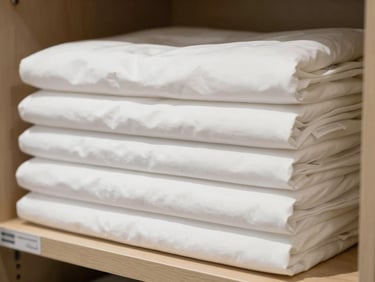 Close-up of neatly folded white hotel bed linens stacked on a shelf in a storage room, crisp natural light, labels visible on packaging