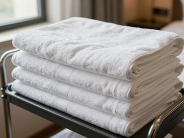 Close-up wide shot of hotel room linen being folded and stacked on a trolley in a service corridor, crisp white towels and pillow covers in neat rows, natural daylight from a side window, no staff faces visible, clean institutional setting