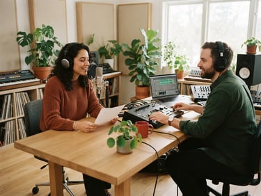 Warm editorial photography of a music producer and artist collaborating in a light-filled Scandinavian style studio with light wood and plants, soft daylight