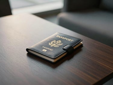 A quiet airport lounge corner with a leather passport holder resting on a dark wood table, soft natural light, 35mm.