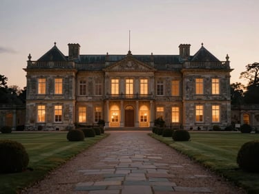 A secluded stone path leading to a historic European estate at dusk, soft warm lights glowing from the windows, 35mm.