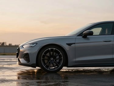 A sleek private car waiting on a wet tarmac at golden hour, soft reflection of light, shallow depth of field, editorial style.