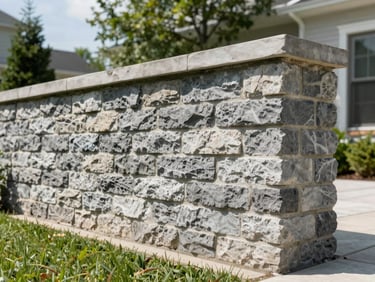 Completed stone retaining wall in a manicured Virginia backyard, low-angle shot showing robust structural alignment and clean joints, 35mm