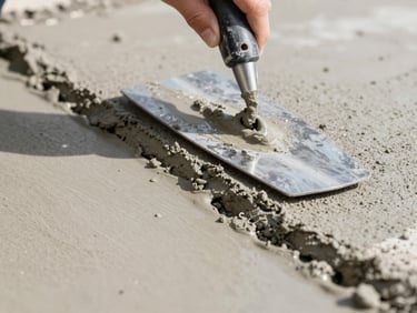 Close-up of clean trowel work on freshly poured wet cement, showing the crisp edge and professional finish under bright daylight, 35mm