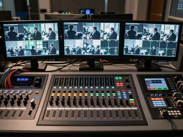 Close overhead view of a production control desk, three broadcast monitors glowing with live camera feeds mid-event, a vision mixer panel and encoder rack visible in the foreground, cables organised in neat looms, dim studio lighting with screen glow illuminating the equipment surfaces