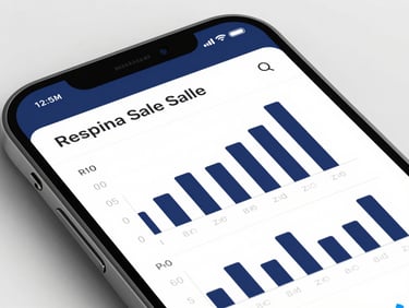 Close-up of a clean smartphone application interface showing sales metrics and analytics graphs, elegant navy blue theme.