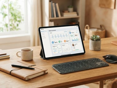 A clean, warm-toned organized workspace with a modern tablet showing a clean medical dashboard, soft natural office light, muted slate and sand tones, 35mm