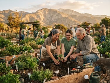 Warm editorial photography of a local community garden workshop in the San Gorgonio Pass, volunteers collaborating, golden-hour natural light