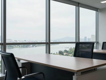 Bright natural overcast daylight, minimalist modern office desk in Da Nang with a view of the Han River through clean glass windows, professional setting