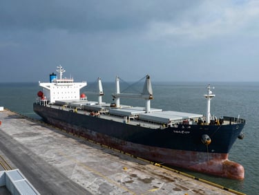 Wide-angle aerial perspective of a dry-bulk carrier loading cargo at a clean commercial port terminal, low-sun angle, deep steel grays
