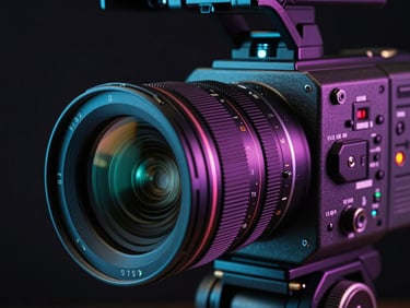 Extreme close-up of professional broadcast camera lens and control panel in a dark studio environment, cyan and magenta LED accent lights reflecting off the metallic housing, precise geometric framing, high-contrast studio lighting showing hardware detail, no people