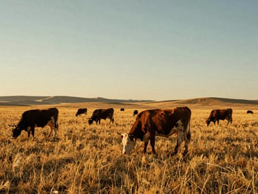 Cattle grazing on expansive golden Idaho pastures under a wide evening sky, warm agrarian photography, 35mm film