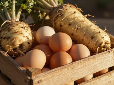 A rustic wooden crate overflowing with freshly harvested unwashed root vegetables and farm eggs, warm low-angle sunlight