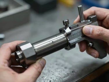 Hands holding a micrometer measuring a re-machined worn shaft, close-up, high-contrast industrial lighting, cool metallic tones.