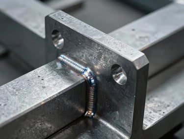 Close-up of a custom-fabricated steel bracket, precisely welded joints, cool metallic tones, high-contrast industrial lighting.