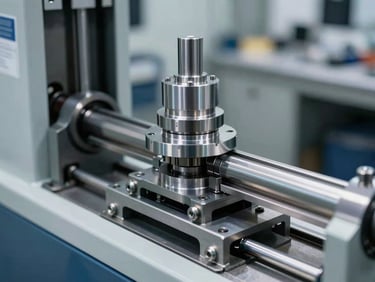 Close-up of the custom-built Mag Wheel Aligning Machine in a clean workshop, highlighting its robust steel construction and precision components, sharp industrial photography, cool metallic tones.