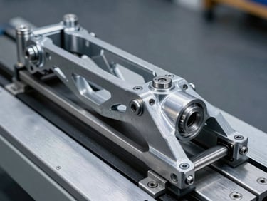 Detailed shot of the Custom Motorcycle Chassis Aligning Machine, emphasizing the mechanical linkages and measurement points, high-contrast workshop lighting, macro detail of machined steel.