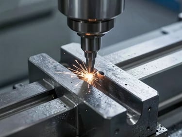 Macro shot of a milling machine cutting a keyway into a steel block, sparks visible, high-contrast workshop daylight, cool tones.