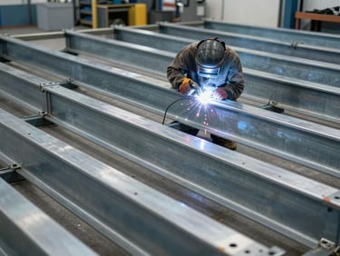 Wide environmental shot of a clean workshop bay, a welder working on a large steel frame, bright arc light, cool-toned workshop daylight.
