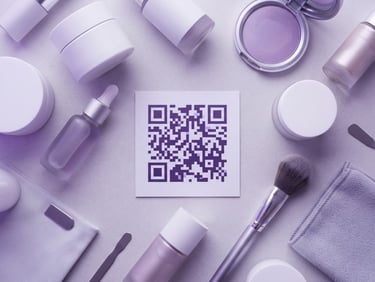 Overhead flat-lay of modern cosmetic packaging featuring a custom purple QR code, crisp studio lighting, 50mm focus