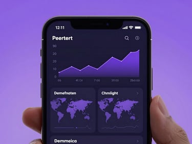 A close-up of a modern smartphone screen displaying a sleek dark-mode analytics dashboard with purple line graphs and geographic scan data, held in hand, clean studio lighting