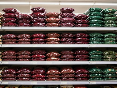 Straight-on eye-level commercial photography of neatly aligned grocery shelves stacked with bulk dry goods, bright even store lighting, rich crimson and forest green tones, sharp focus, 35mm lens