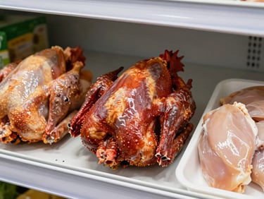 Whole raw chickens and fresh poultry cuts displayed on a refrigerated grocery store shelf.
