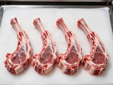 Straight-on shot of fresh wholesale lamb chops arranged on clean white butcher paper, professional commercial lighting
